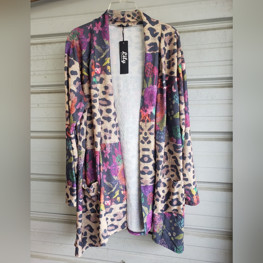 2X Plus Size Lily by Firmiana Women's Leopard Print Sweater Cardigan colorful